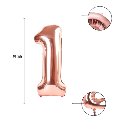 Close-up of rose gold number 1 foil balloon finish