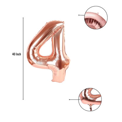 40 inch rose gold number 4 foil balloon size guide showing seam and valve detail