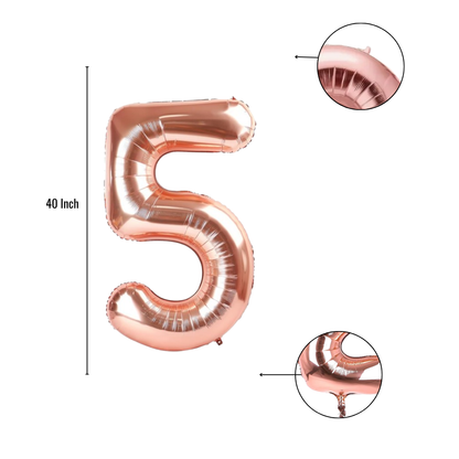 40 inch rose gold number 5 foil balloon size guide showing seam and valve detail
