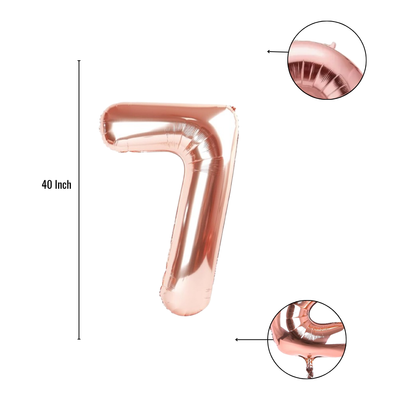 40 inch rose gold number 7 foil balloon size guide showing seam and valve detail