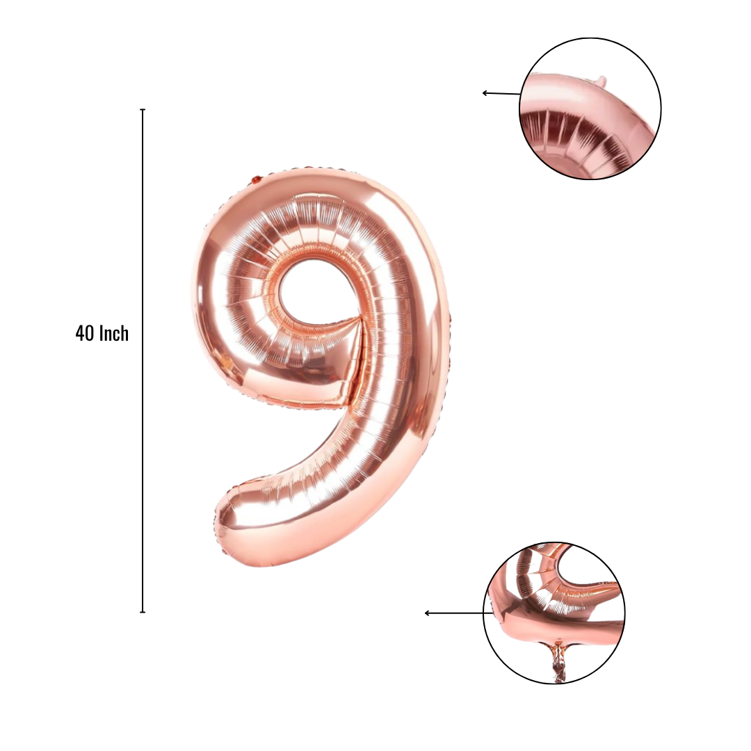 40 inch rose gold number 9 foil balloon size guide showing seam and valve detail