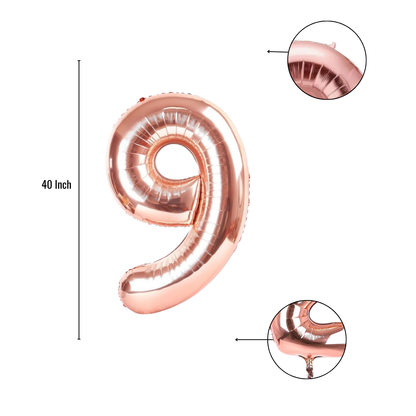 40 inch rose gold number 9 foil balloon size guide showing seam and valve detail