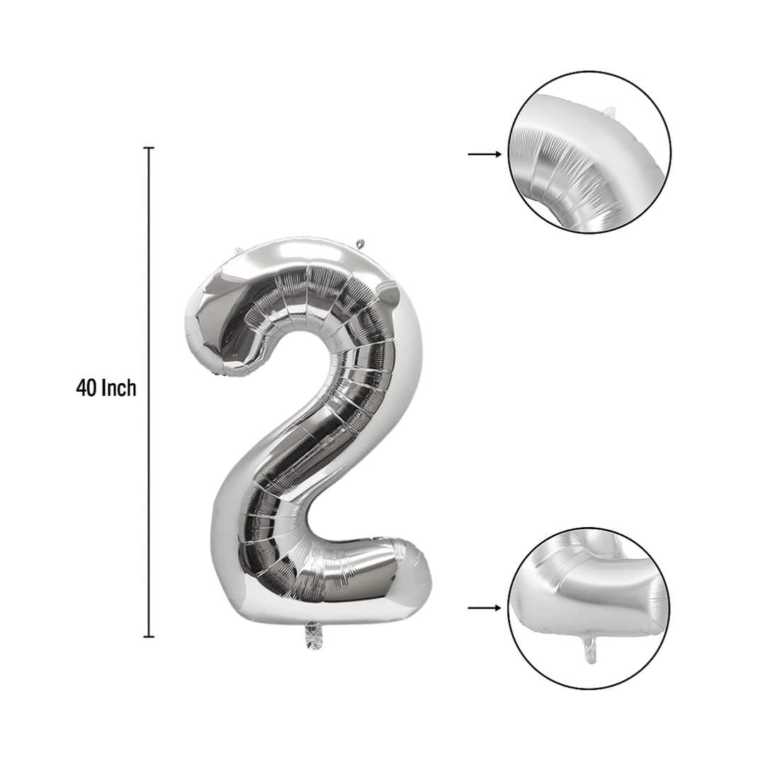 40 inch silver number 2 foil balloon size guide showing seam and valve detail