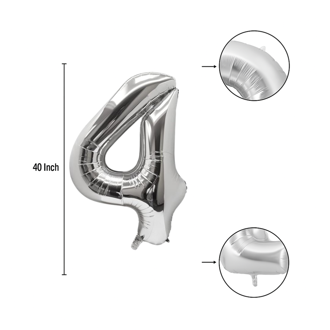 40 inch silver number 4 foil balloon size guide showing seam and valve detail