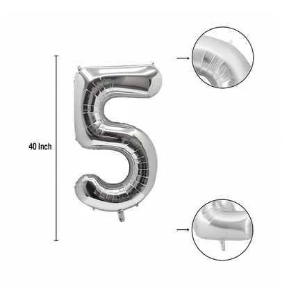 40 inch silver number 5 foil balloon size guide showing seam and valve detail
