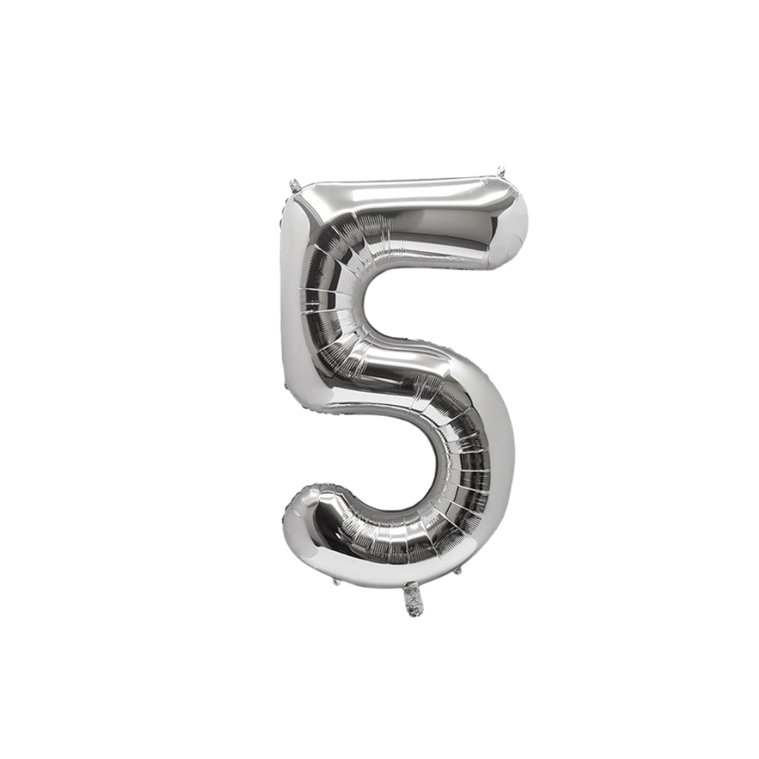 40 inch silver number 5 foil balloon with metallic finish for 5th birthday party