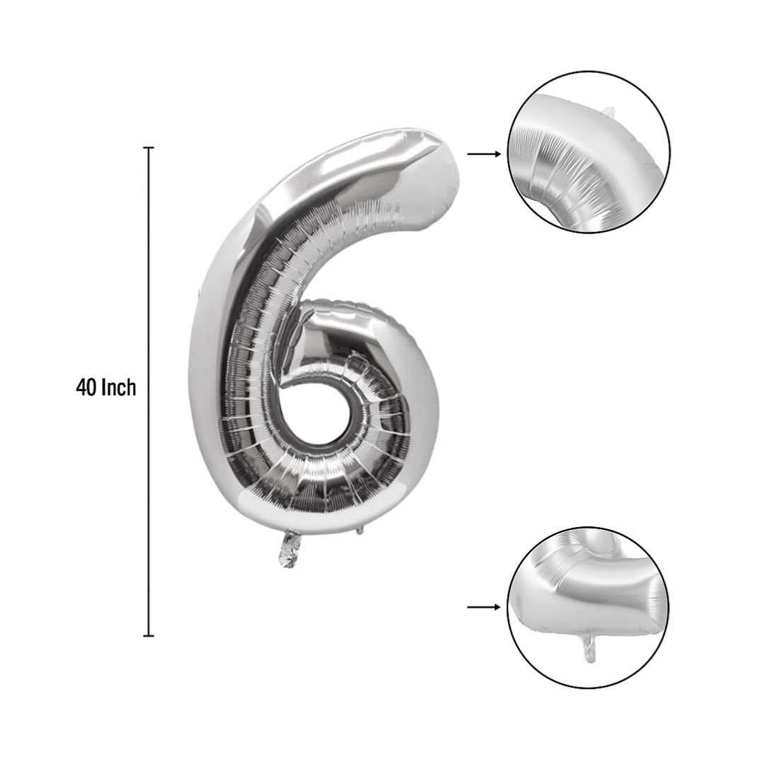 40 inch silver number 6 foil balloon size guide showing seam and valve detail