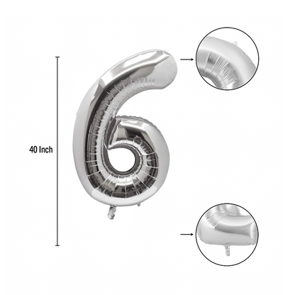 40 inch silver number 6 foil balloon size guide showing seam and valve detail
