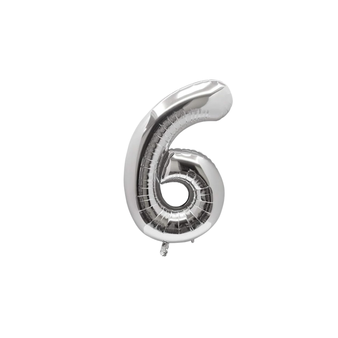40 inch silver number 6 foil balloon with metallic finish for 6th birthday party