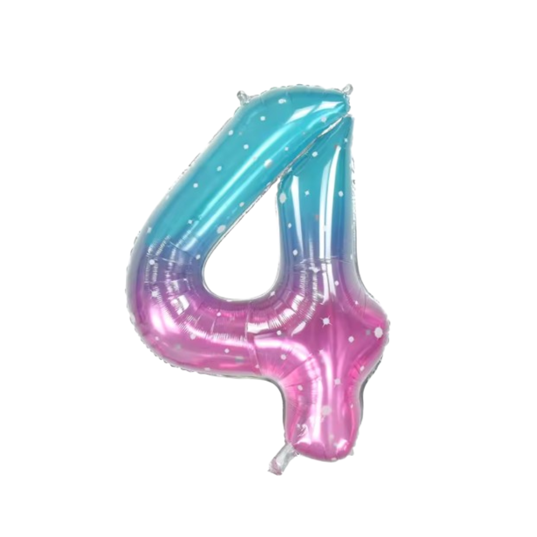 40" Number 4 Foil Balloon – Blue Pink Ombre with Stars – Giant Birthday Decoration