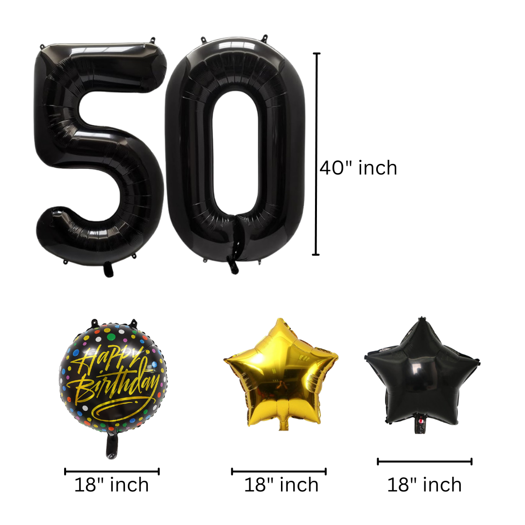50th Birthday Balloons Gold & Black | 40 Inch Numbers with Stars | Set with Straw & Ribbon