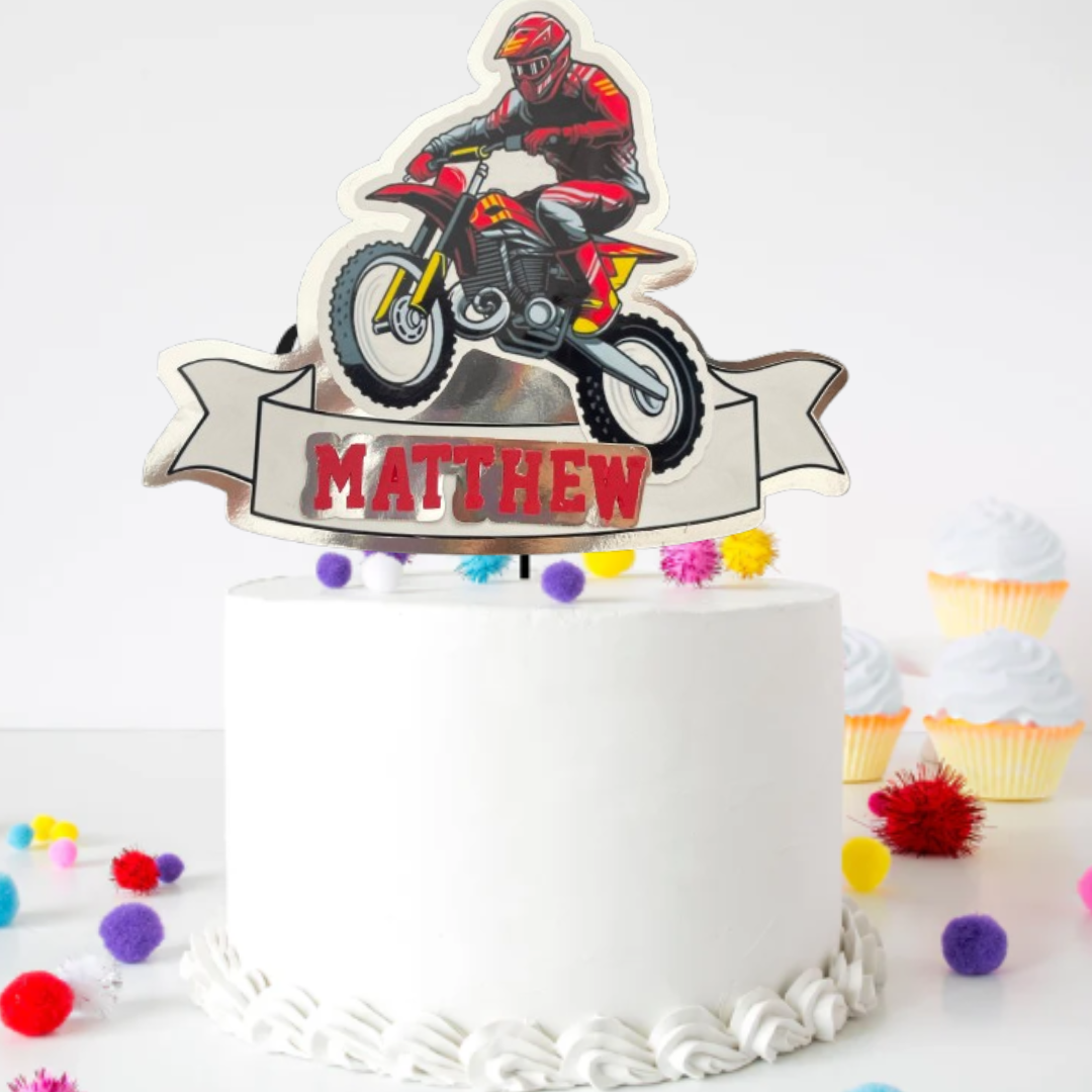 Motocross Helmet Cake Topper Personalised with Name – Red Motorbike Birthday Par