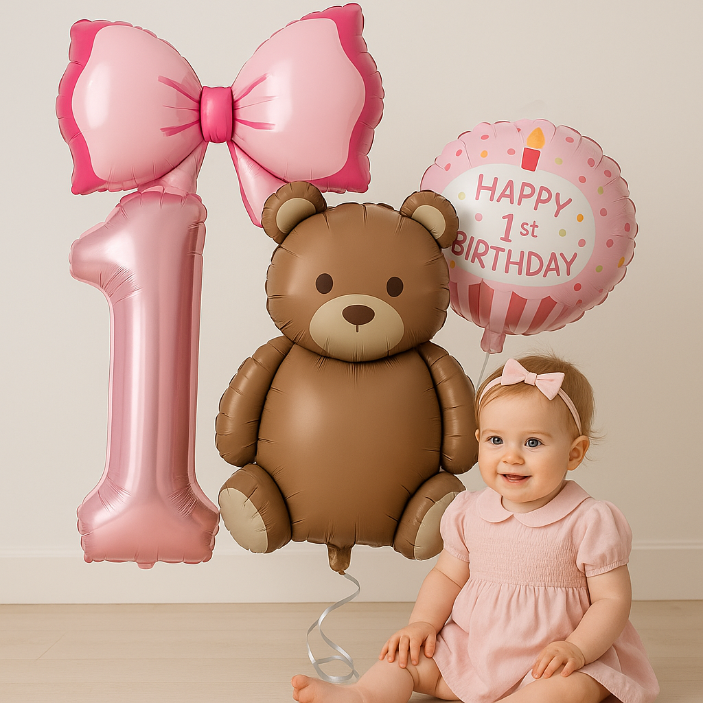 1st Birthday Balloons Girl Set – Teddy Bear, Pink Number 1, Bow & Cupcake
