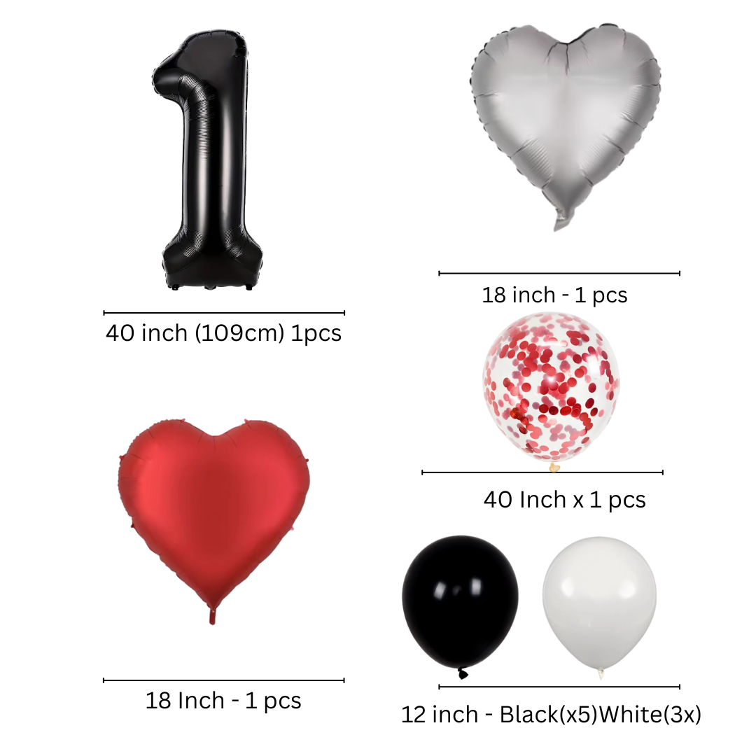 1st Anniversary Balloon Set  Black Number 1 Decoration for Couples, Party Supply