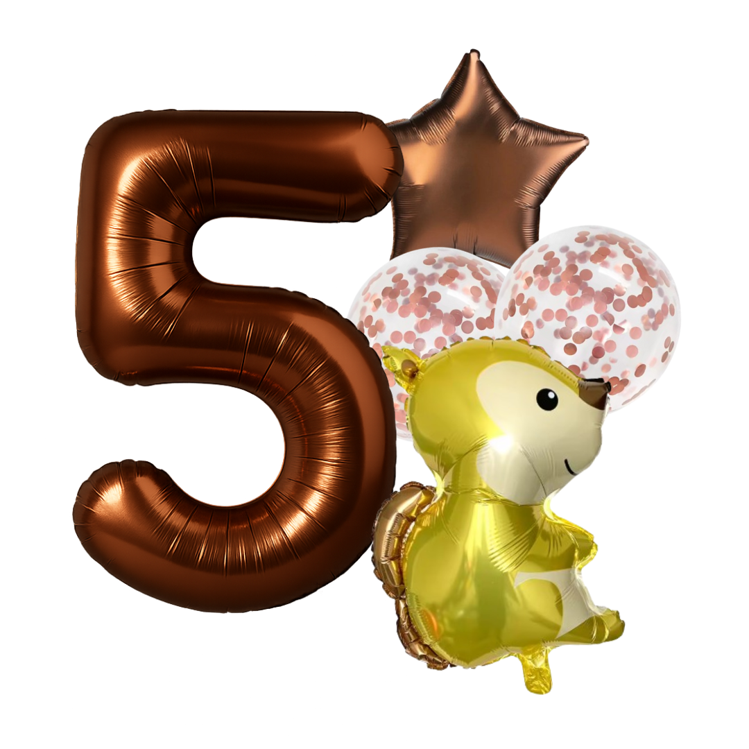 1st Birthday Balloon Set – Squirrel Foil, Confetti, Star & Bronze Number