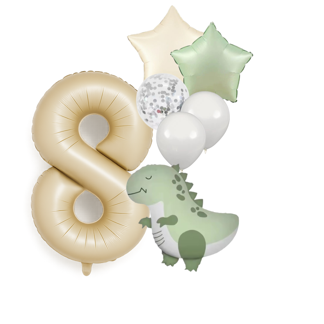 Dinosaur Birthday Balloons Set  40" Beige Number + Green Dinosaur Foil + Pastel