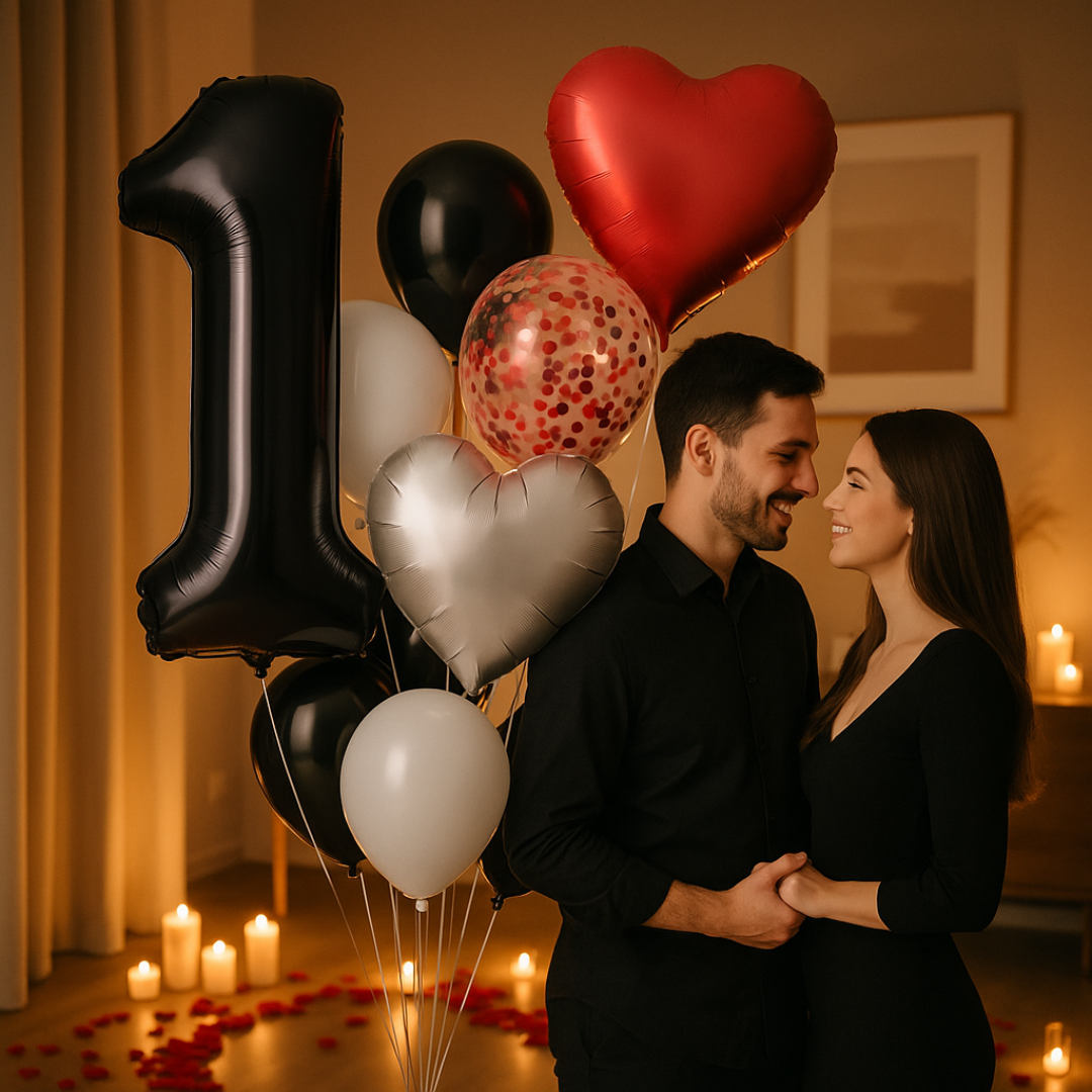 1st Anniversary Balloon Set  Black Number 1 Decoration for Couples, Party Supply