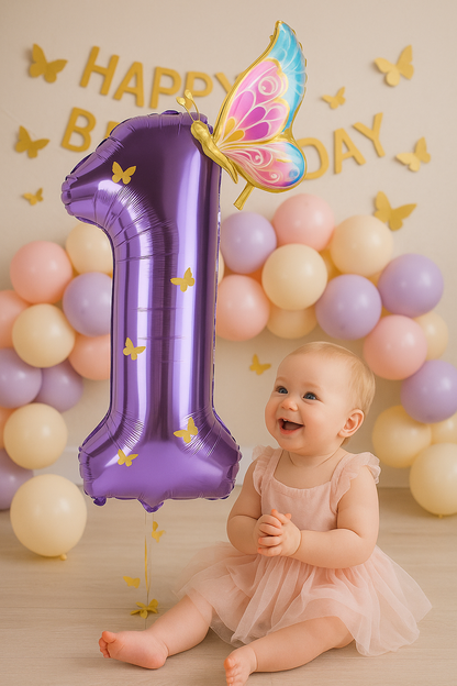 Purple Foil Number Balloons 10 to 1 – Giant 40” Balloons with Golden Butterflies