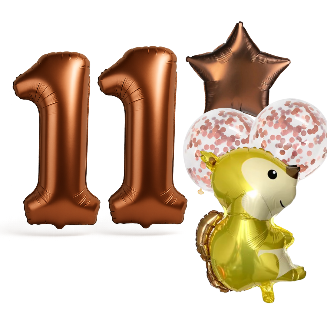 1st Birthday Balloon Set – Squirrel Foil, Confetti, Star & Bronze Number