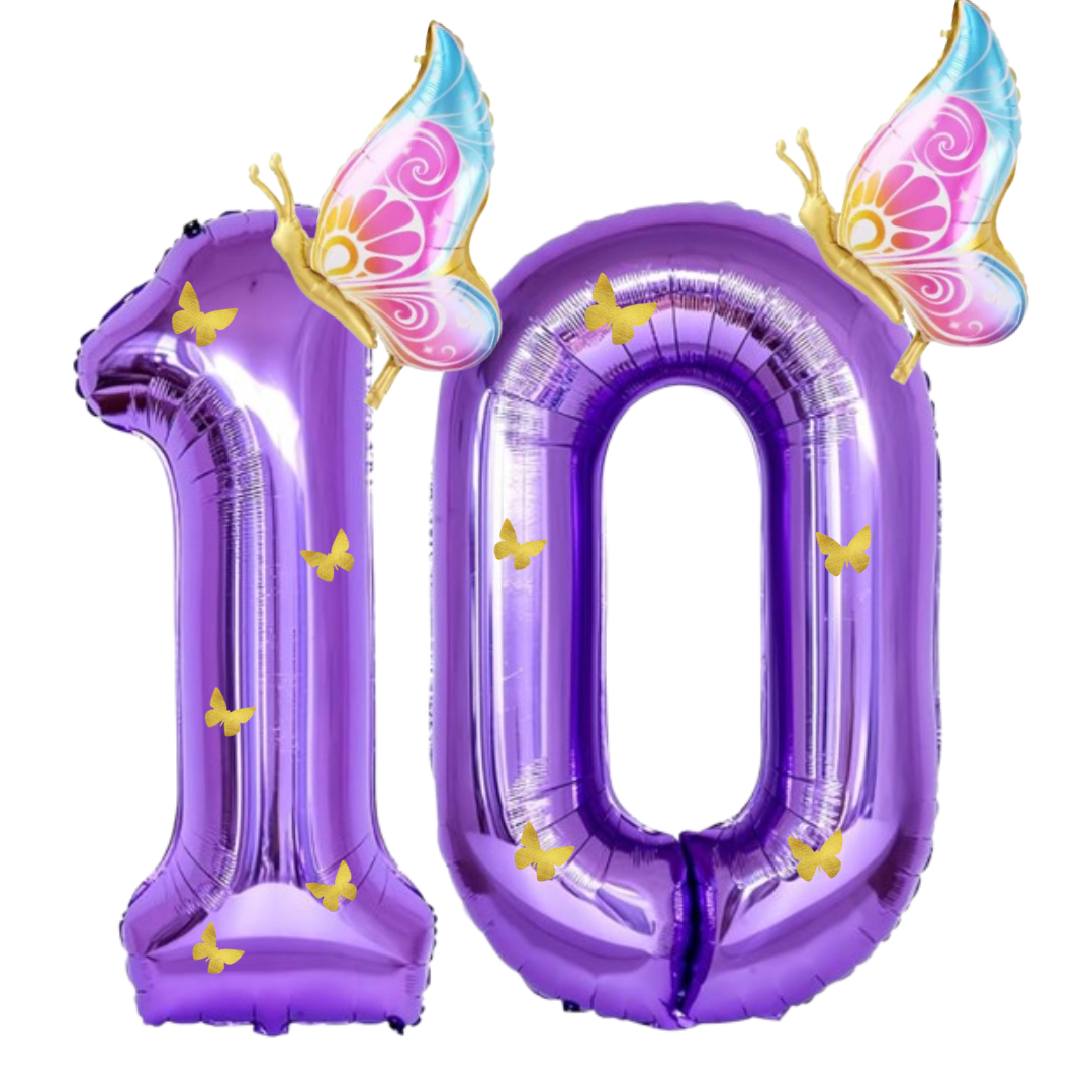 Purple Foil Number Balloons 10 to 1 – Giant 40” Balloons with Golden Butterflies