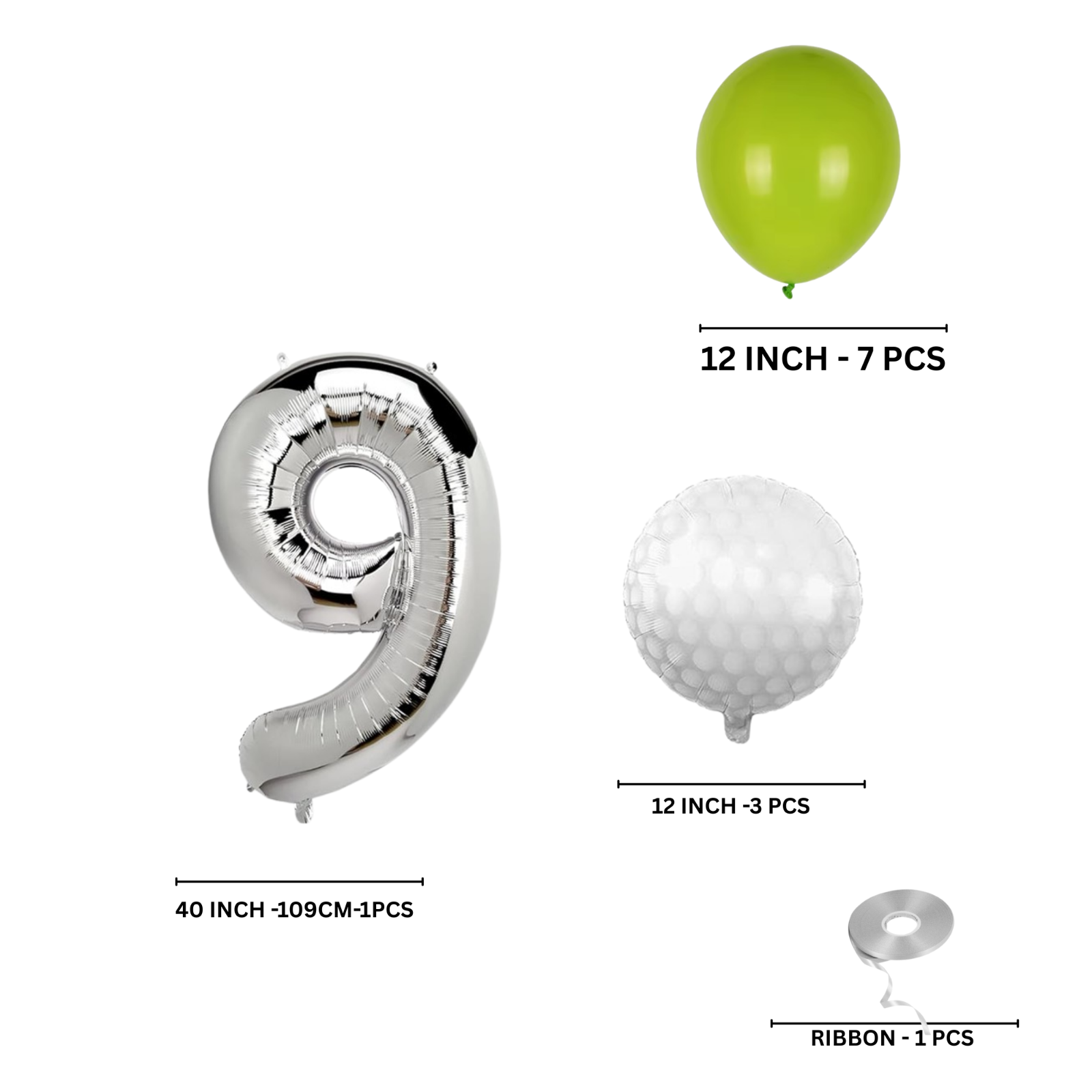 0-9 Golf Birthday Balloons Decoration Set | silver Foil Numbers + Golf Balloons