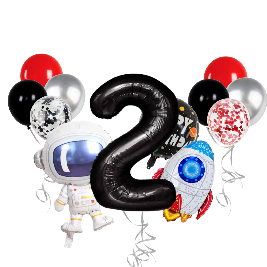 13-Pc Party Balloon Set - 40" Foil Number, Spaceship, Astronaut & Latex Confetti