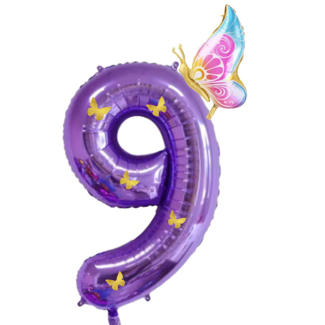 Purple Foil Number Balloons 10 to 1 – Giant 40” Balloons with Golden Butterflies