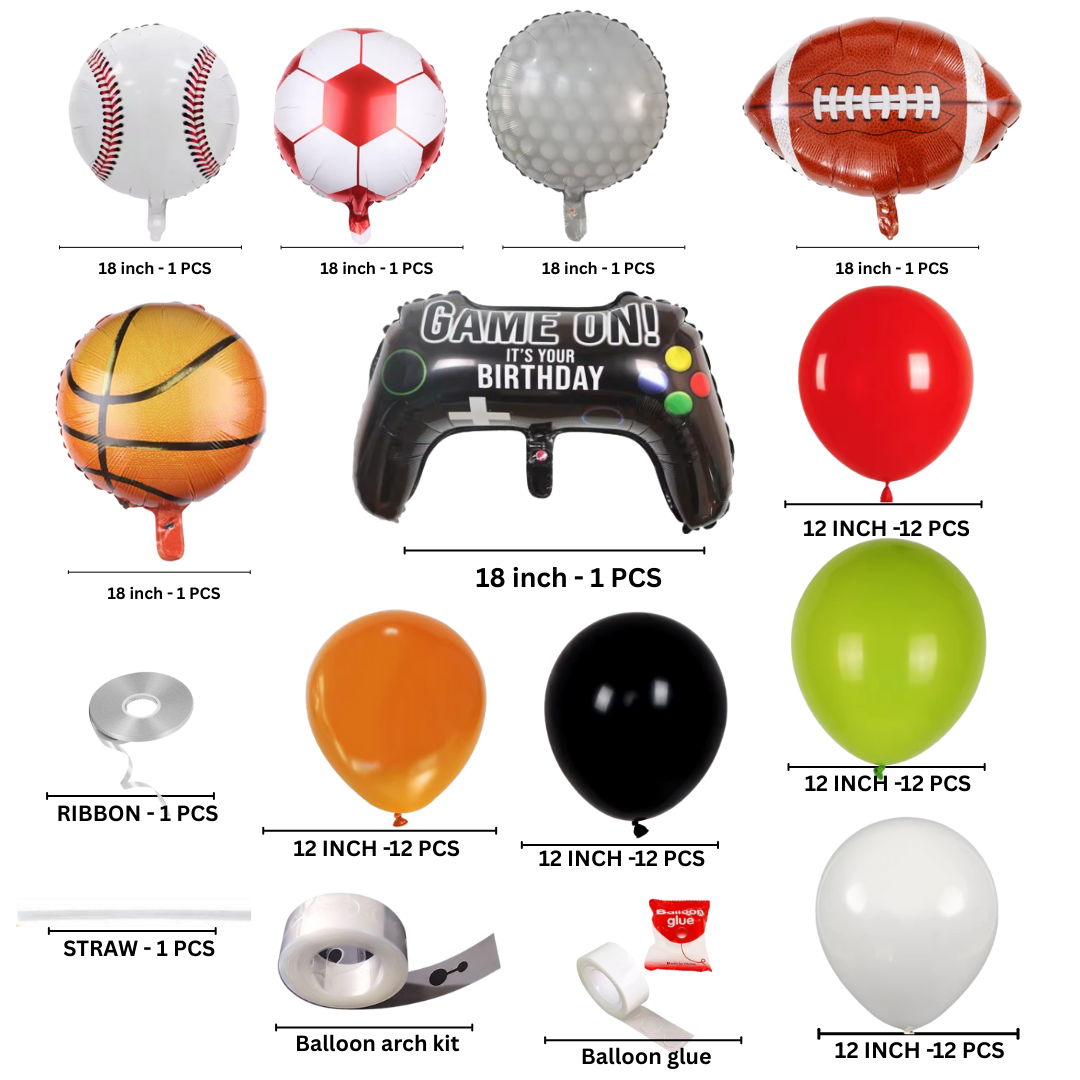 Sports Birthday Balloon Arch Kit – 70 Pcs Football Basketball Gamer Party Set