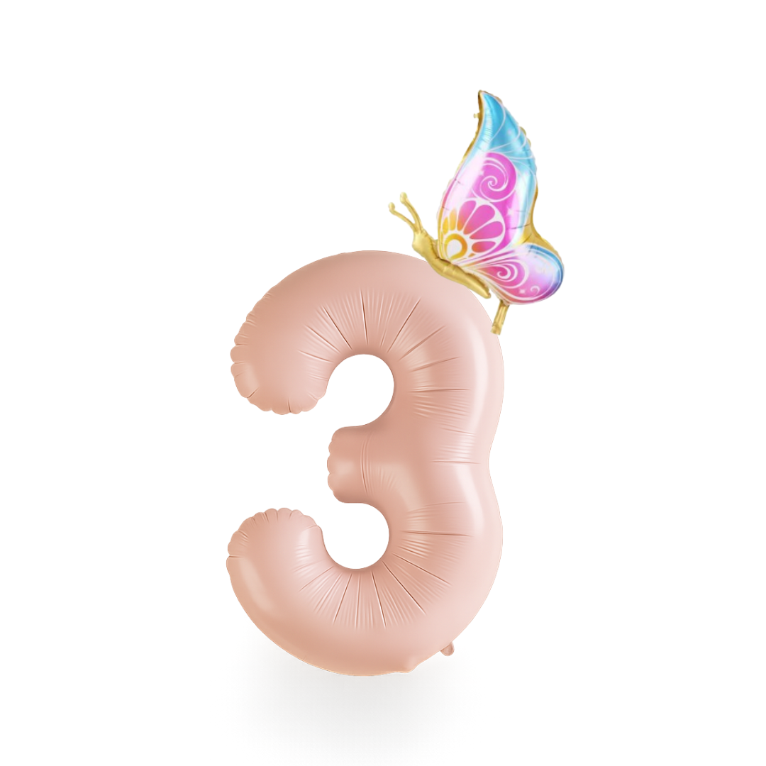 Birthday Balloon – Pink Foil Numbers with Colourful Butterfly – Girl