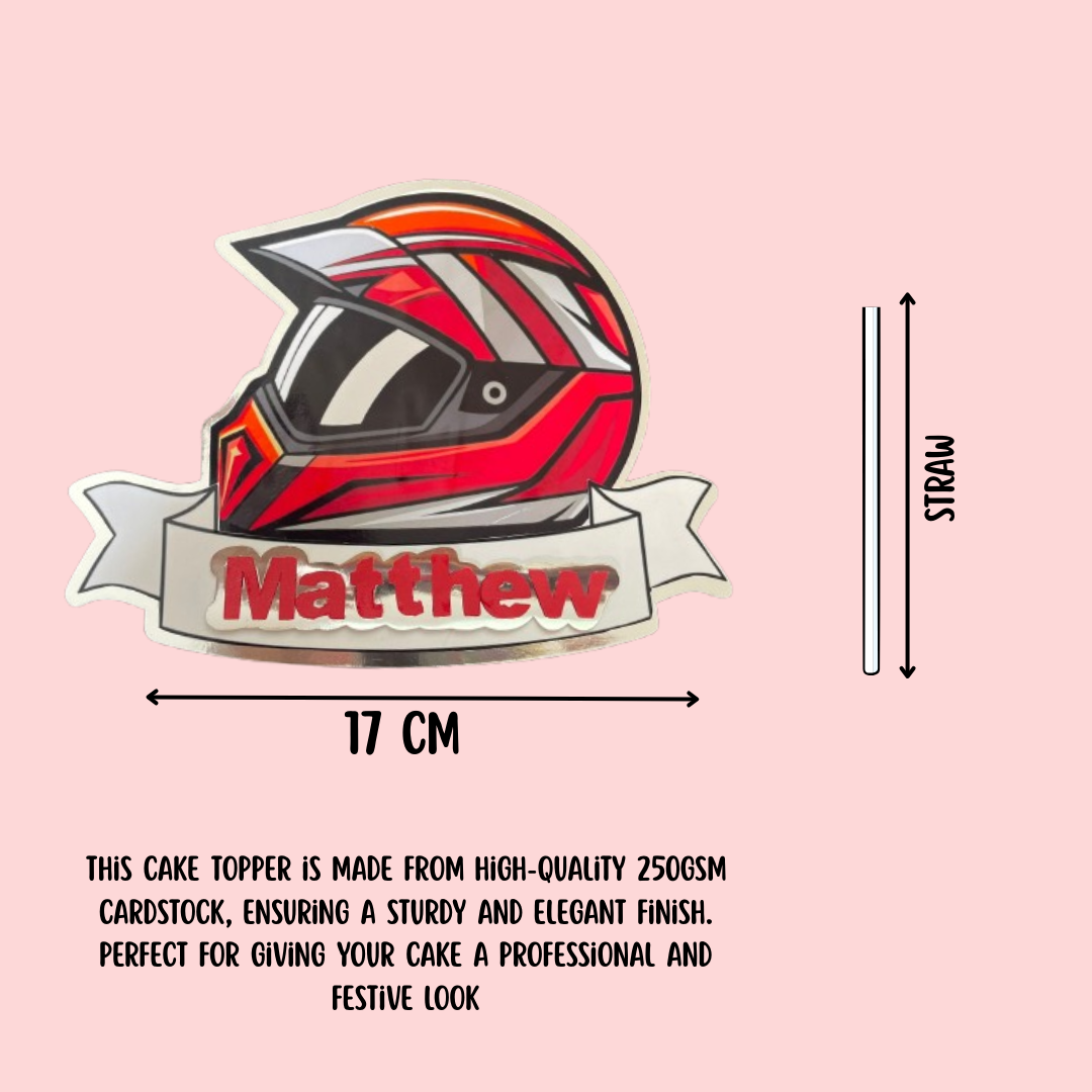 Motocross Helmet Cake Topper Personalised with Name – Red Motorbike Birthday Par