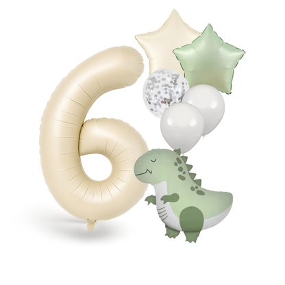 Dinosaur Birthday Balloons Set  40" Beige Number + Green Dinosaur Foil + Pastel