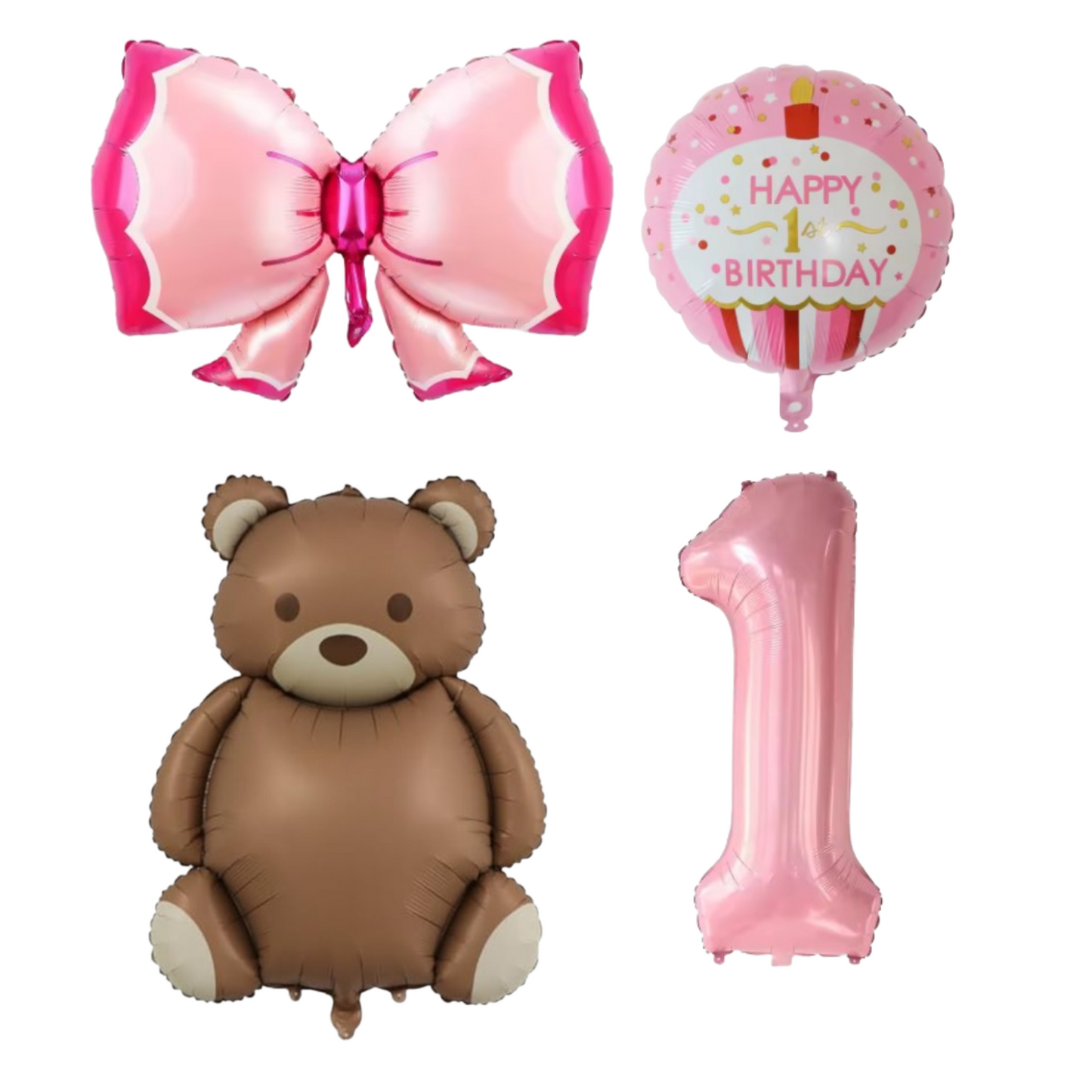 1st Birthday Balloons Girl Set – Teddy Bear, Pink Number 1, Bow & Cupcake