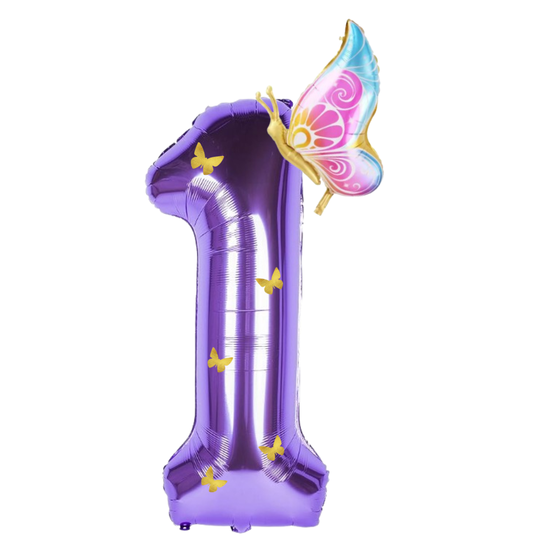 Purple Foil Number Balloons 10 to 1 – Giant 40” Balloons with Golden Butterflies