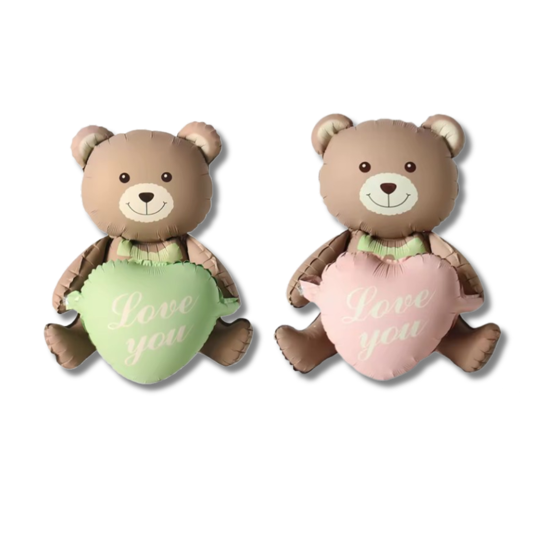 2 Pcs Baby Shower Bear Balloon Foil Teddy Holding Heart 'Love You' – Boy or Girl