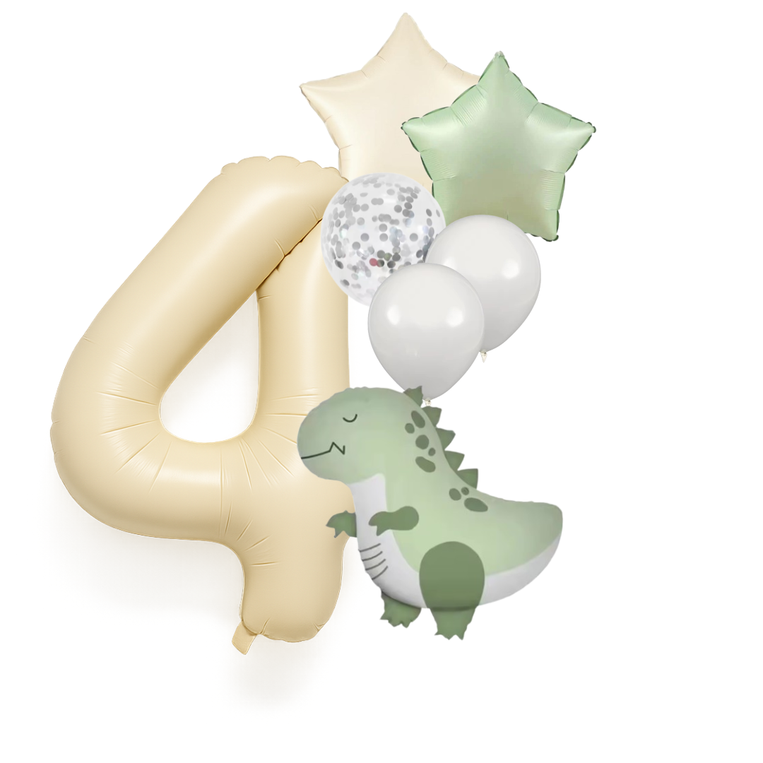 Dinosaur Birthday Balloons Set  40" Beige Number + Green Dinosaur Foil + Pastel