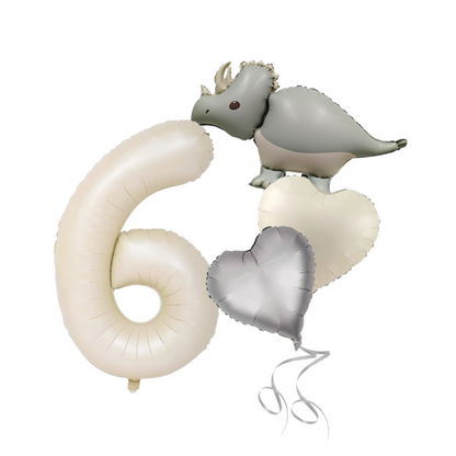 1-9 Birthday Dinosaur Balloon Set – Beige Numbers + Heart & Dino Foil Balloons
