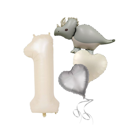 1-9 Birthday Dinosaur Balloon Set – Beige Numbers + Heart & Dino Foil Balloons