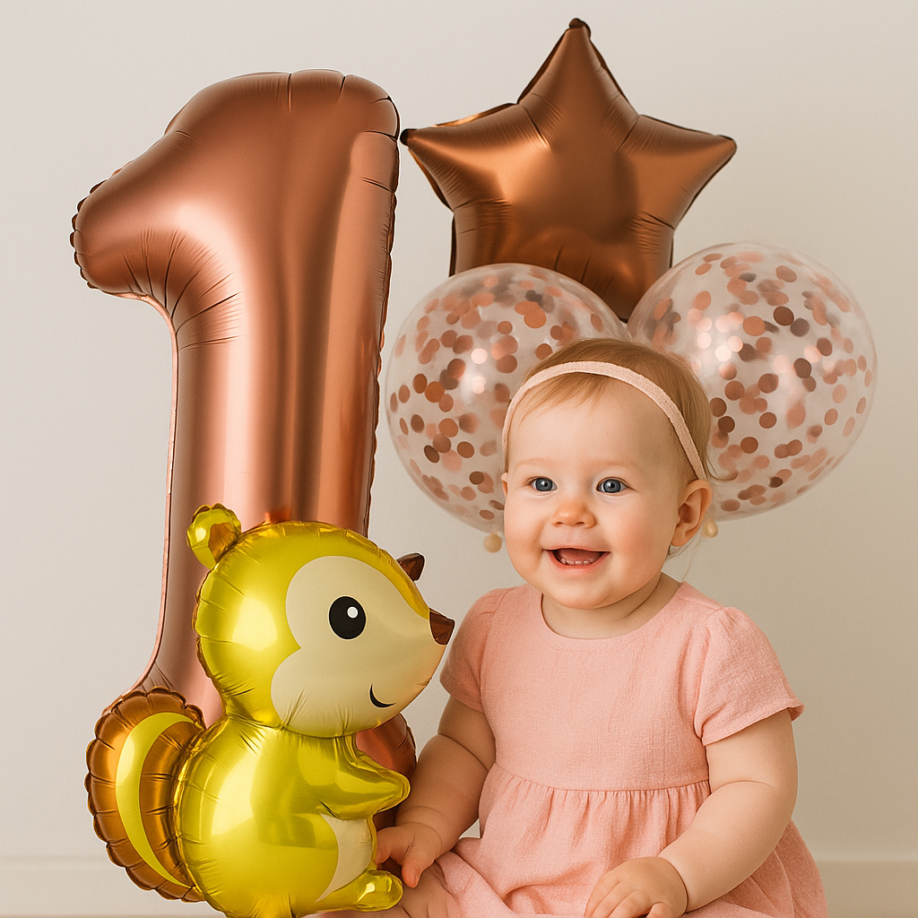 1st Birthday Balloon Set – Squirrel Foil, Confetti, Star & Bronze Number