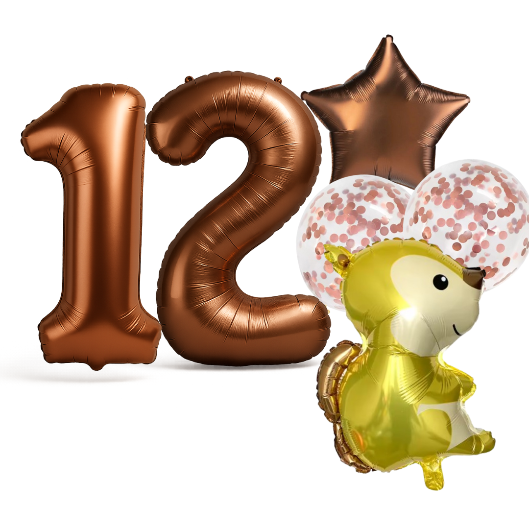1st Birthday Balloon Set – Squirrel Foil, Confetti, Star & Bronze Number