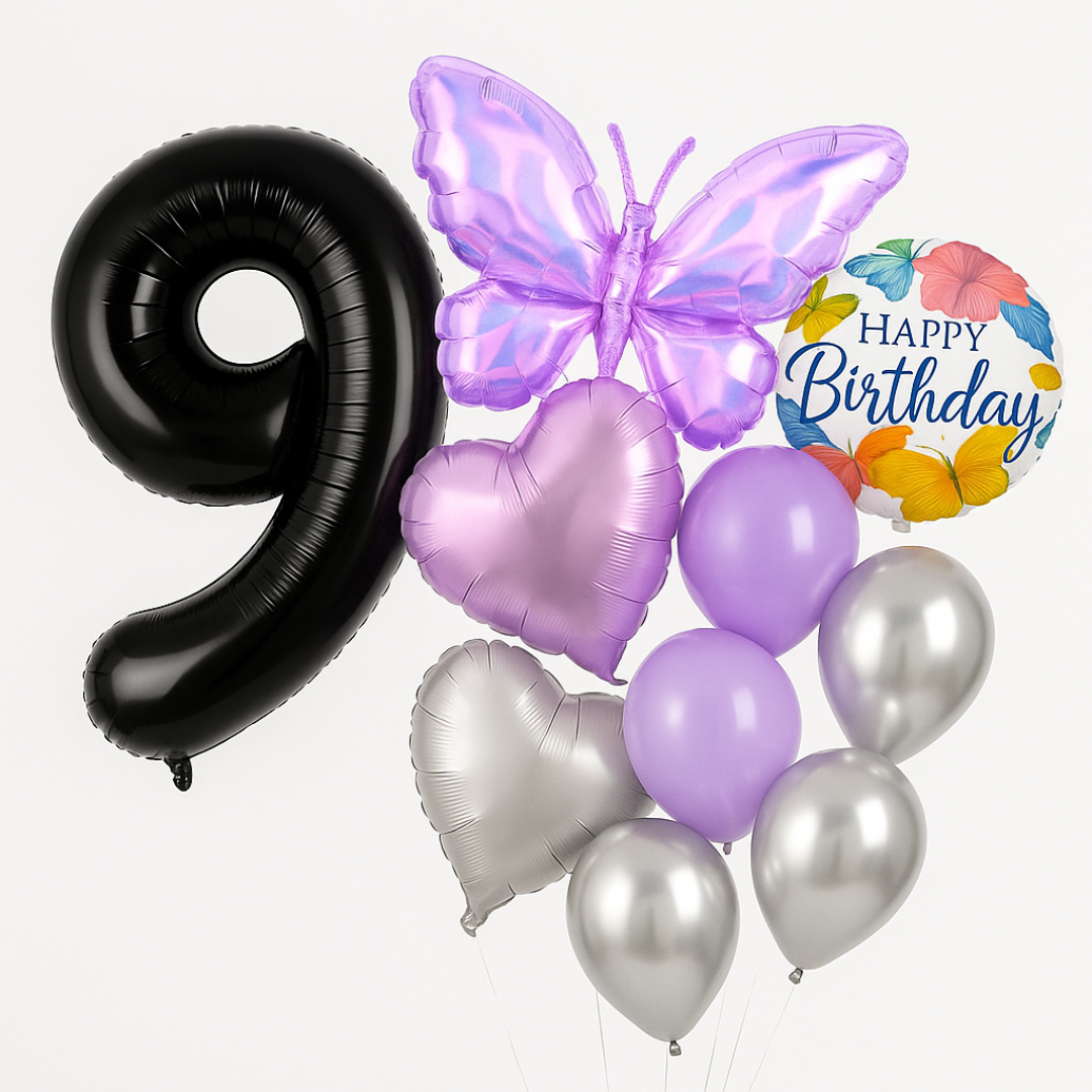 1-9 Girl Birthday Balloon Set Butterfly Heart Purple Silver Foil Balloons Party