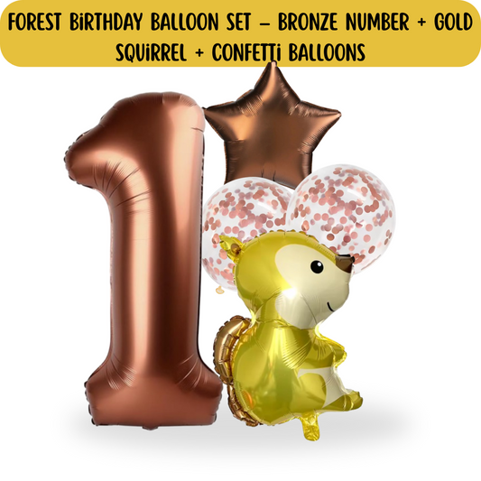 1st Birthday Balloon Set – Squirrel Foil, Confetti, Star & Bronze Number