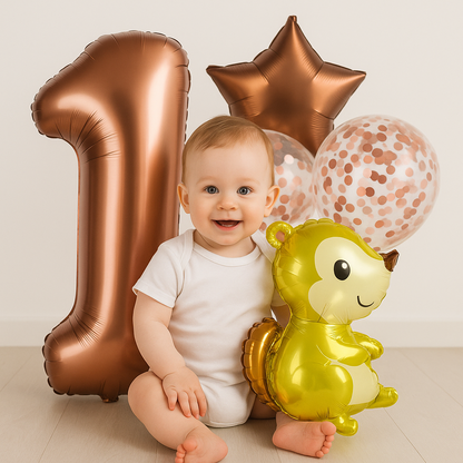 1st Birthday Balloon Set – Squirrel Foil, Confetti, Star & Bronze Number