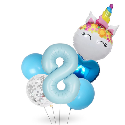 Unicorn Number Balloon Set 0–9 Blue – 40" Foil Birthday Balloons for Girls Party