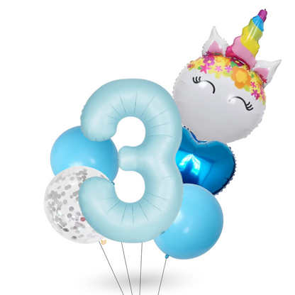 Unicorn Number Balloon Set 0–9 Blue – 40" Foil Birthday Balloons for Girls Party