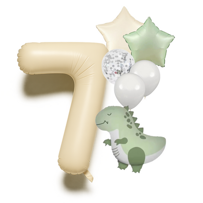 Dinosaur Birthday Balloons Set  40" Beige Number + Green Dinosaur Foil + Pastel