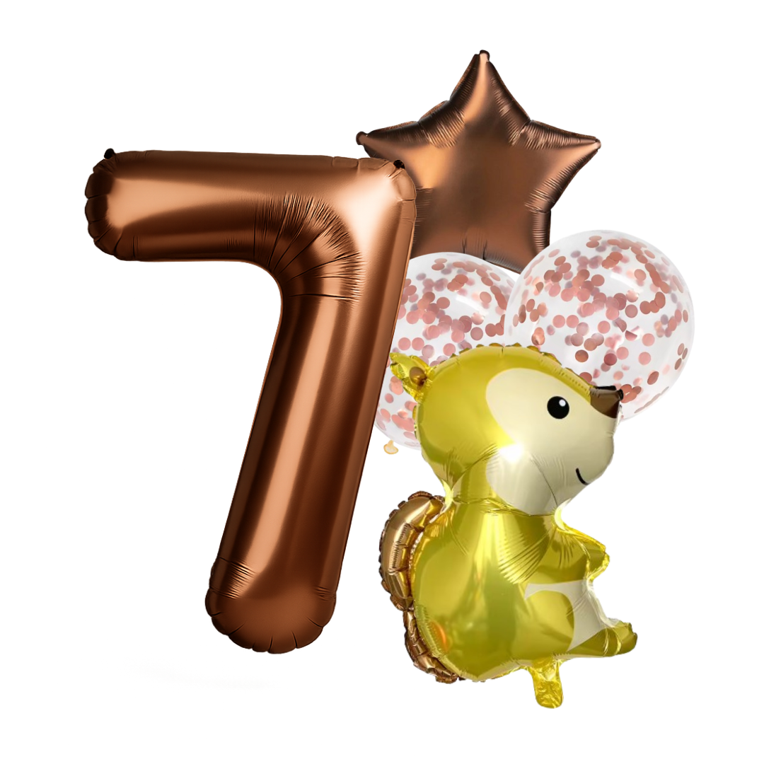 1st Birthday Balloon Set – Squirrel Foil, Confetti, Star & Bronze Number