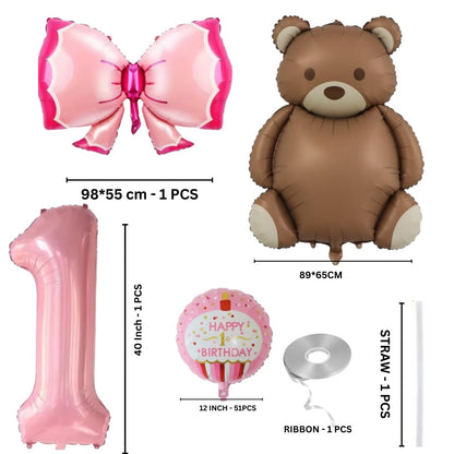 1st Birthday Balloons Girl Set – Teddy Bear, Pink Number 1, Bow & Cupcake