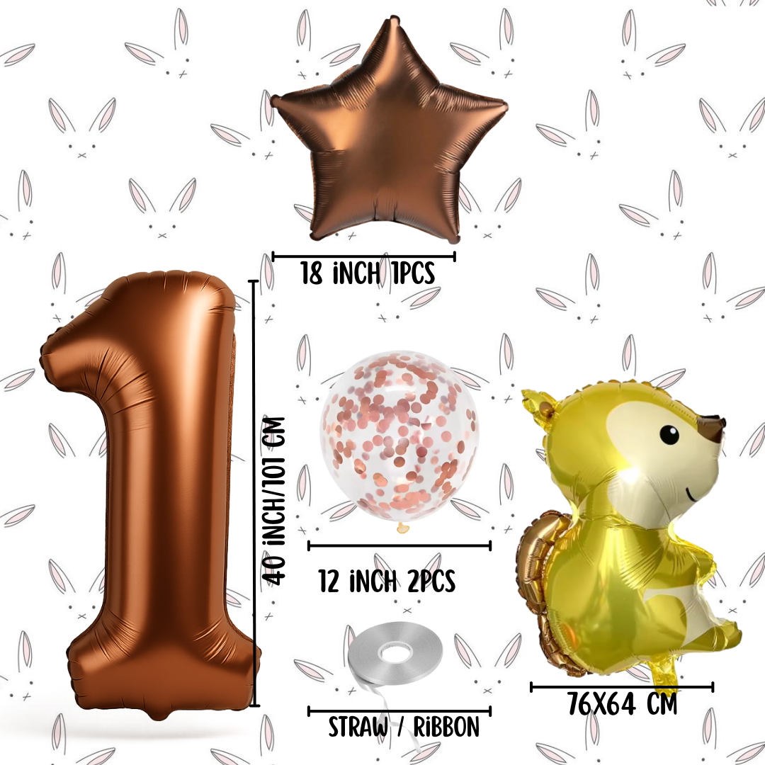 1st Birthday Balloon Set – Squirrel Foil, Confetti, Star & Bronze Number