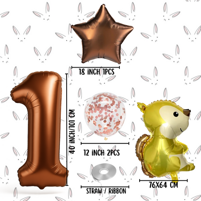 1st Birthday Balloon Set – Squirrel Foil, Confetti, Star & Bronze Number