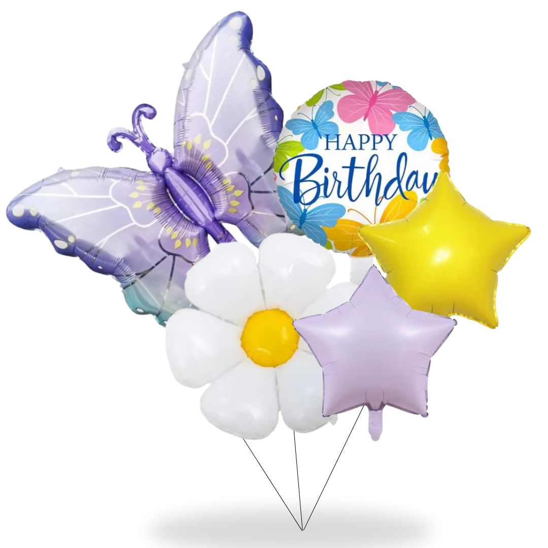 Happy Birthday Balloon Set – Butterfly, Daisy Flower & Star Foil Balloons